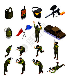 彩弹等距图标收集与战斗机字符统装甲头盔盾牌其他设备矢量插图彩弹等距元素集背景图片