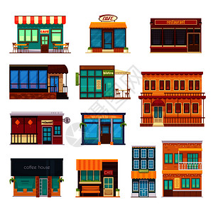 街景前小吃店咖啡屋小酒馆平图标收集孤立矢量插图快餐店平图标图片