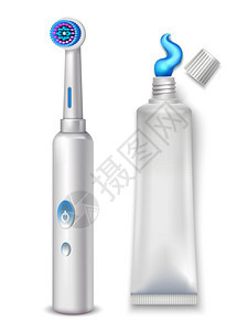 卫生装饰图标电动牙刷牙膏管白色背景上的写实风格孤立矢量插图电动牙刷牙膏管套装图片