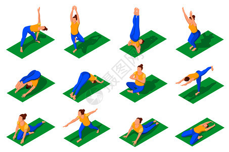健身体操练等距彩色图标与人们瑜伽姿势上的绿色垫子孤立矢量插图人们瑜伽姿势等距图标图片