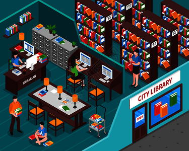 城市图书馆与书籍员工工作场所,访客,内部元素街道等距矢量插图的城市图书馆等距插图图片