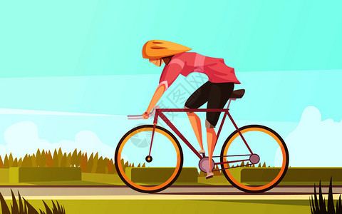 女运动员复古卡通构图与平女人物骑自行车头盔与郊区风景矢量插图骑自行车的女人作文图片