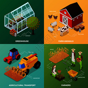 机农业产品等距图标2x2与四个成的农民车辆建筑矢量插图机农业理念图片