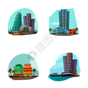 迈阿密城市景观4个著名的地标图标成海滩度假区塔楼卡通矢量插图迈阿密城市景观4图标成图片