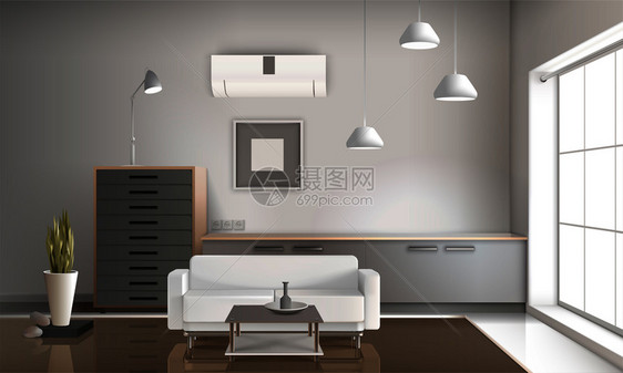 现实客厅室内三维与挂灯,家具,护发素墙上光泽地板矢量插图现实客厅室内三维图片