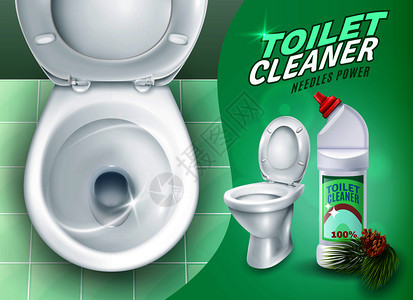 广告海报与现实的光泽厕所绿色瓷砖清洁凝胶与松针矢量插图现实的厕所干净的凝胶海报图片