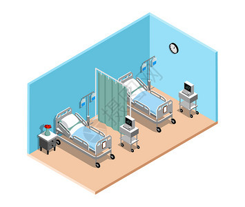 医院病房等长室内,专门的病床,为卧床病人滴管心电图矢量插图医院病房等距内部图片