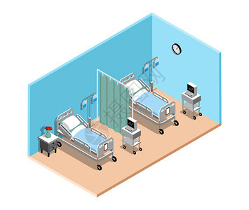 医院病房等长室内,专门的病床,为卧床病人滴管心电图矢量插图医院病房等距内部背景图片