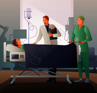 医生护士用药物病床附近与病人医院病房平成矢量插图医生病人的扁平成分图片