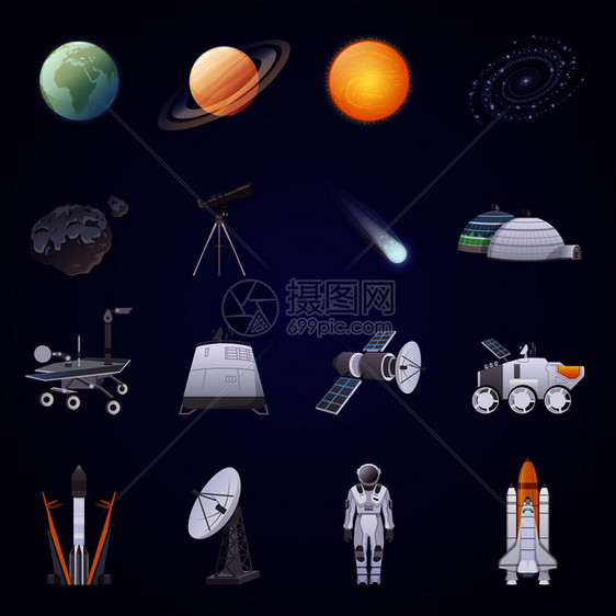 太空探索平图标月球车人工卫星宇航员彗星宇宙飞船孤立矢量插图探索平图标图片