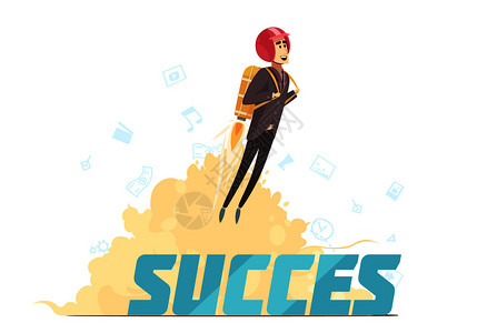 商业初创公司推出成功的象征复古卡通海报与轻的红头发女商人向上摆矢量插图商业创业成功象征海报图片