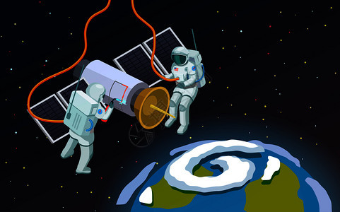 宇航员开放等距成与卡通风格的陆地球体两个宇航员装甲矢量插图外层宇航员的成背景图片