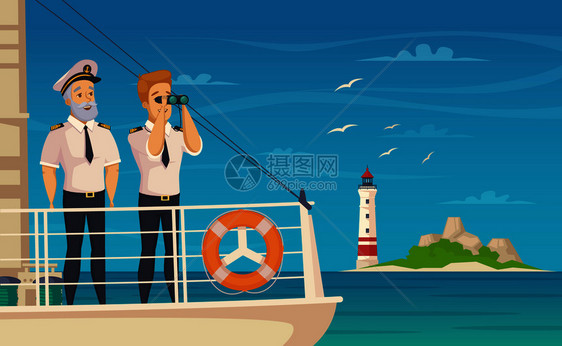 游艇邮轮船长副船长船头正的船舶卡通矢量插图船员船长卡通海报图片