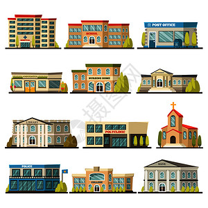 彩色市政建筑图标与邮局综合诊所学院银行图书馆医院建筑描述矢量插图彩色市政建筑图标背景图片