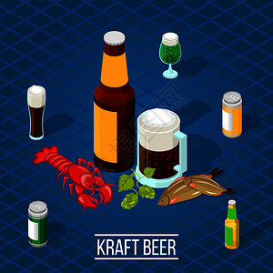 蓝色背景等距矢量插图上的3D瓶子眼镜,深色浅啤酒咸小吃等距啤酒背景图片
