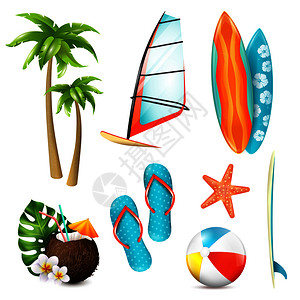 夏季冲浪假期要点彩色图标与齿轮棕榈海星新鲜椰子鸡尾酒孤立矢量插图暑假冲浪度假物品套图片
