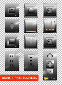 套真实的墙壁电气开关插座,反射透明的背景隔离矢量插图真实的开关插座透明背景图片