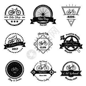 自行车老式标志集老式自行车俱乐部标签与装饰形状文本矢量插图自行车单色标志收集图片