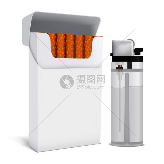 吸烟,包括全开纸板包香烟透明气体打火机隔离矢量插图香烟包装打火机套装图片