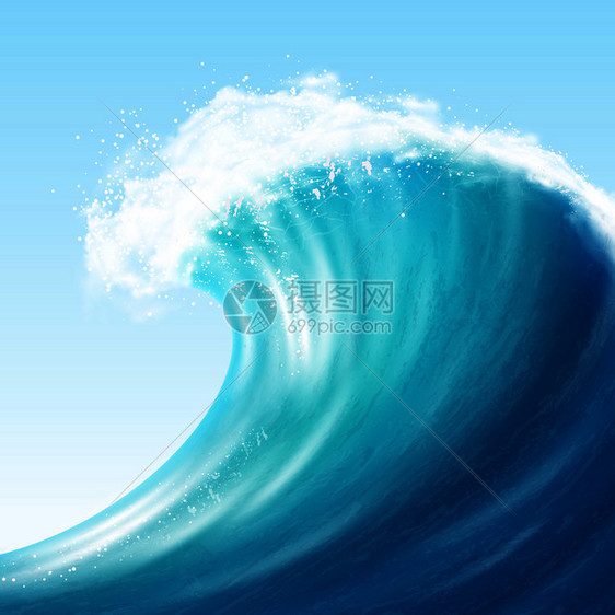 现实的大海大浪与白色泡沫顶部溅蓝色背景矢量插图现实的大海大浪图片