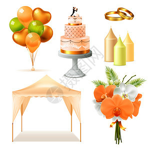 婚礼元素写实与户外帐篷,蛋糕,蜡烛,戒指,花,气球孤立矢量插图现实的婚礼元素图片