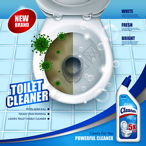 抗菌马桶清洁剂广告海报,包括带绿色微生物的洗手盆肥皂泡的三维矢量插图抗菌厕所清洁剂广告海报图片