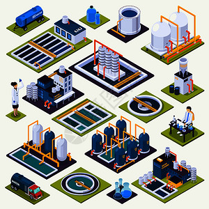 水清洗装置等距图标与净化厂设施,实验室测试,运输隔离矢量插图水清洗等距图标背景图片