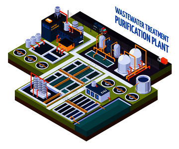 净化厂用水清洗,泵站,过滤器,分离器,等距成与卡车道路矢量插图净化装置等距成背景图片