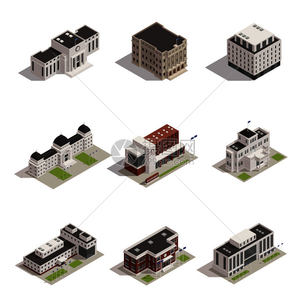 现代历史代表的建筑建筑纪念碑室外等距视图图标收集矢量插图建筑等距图标图片