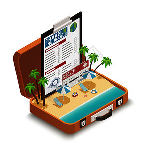 打开行李旅行保险单证书广告等距成与热带海滩内开放度假手提箱符号矢量插图旅行保险单等距成插画