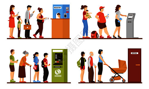 队列人员注册表办公室ATM符号平孤立向量插图排队的人集合图片