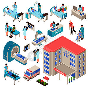 医院等距与人员设备建筑服务隔离矢量插图医院等距装置图片
