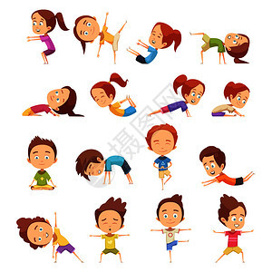 儿童瑜伽装饰图标可爱的卡通儿童同的瑜伽姿势平矢量插图儿童瑜伽装饰图标图片