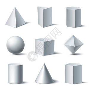 真实的白色几何形状与9个实体物体清晰的背景与阴影矢量插图三维形状白色集合图片
