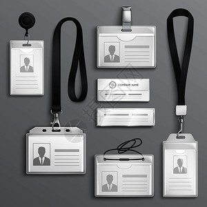 员工身份证身份证章持人与系绳带夹黑色现实样本矢量插图身份证章样本集图片