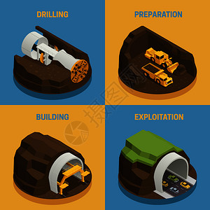 隧道施工过程的阶段等距2x2图标彩色背景上,三维矢量插图隧道施工2x2套图片