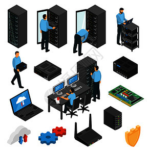 数据中心设备等距与工程师收集服务器机架隔离矢量图数据中心设备等距图片