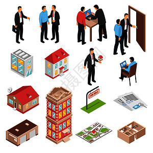 房地产代理等距与客户房地产商各种类型的建筑隔离矢量插图房地产代理等距集图片