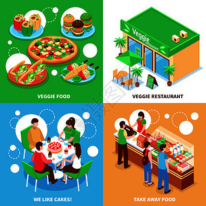 素食2x2集素食食品素食餐厅带走食物最喜欢的蛋糕方形图标等距矢量插图素食2x2理念图片