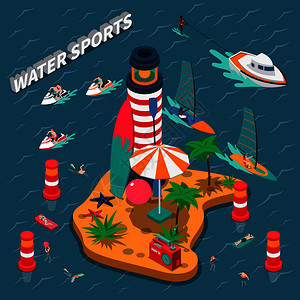 彩色水上运动等距的人成装备海滩个野生岛屿与灯塔矢量插图水上运动等距人群成图片
