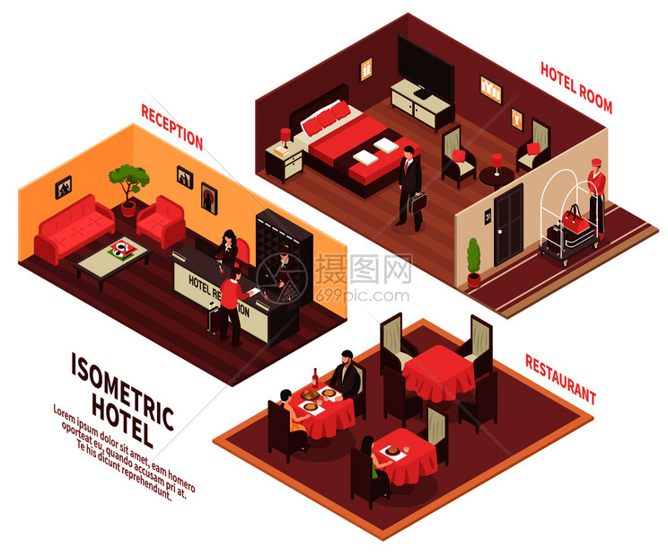 彩色等距酒店插图与三个房间接待酒店房间餐厅矢量插图等距酒店插图图片