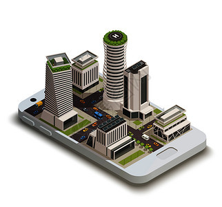智能手机屏幕等距构图矢量插图上可持续绿色能源屋顶花园的智能城市中心塔楼智能城市中心等距成图片