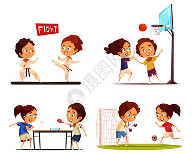 儿童运动2x2平与趣的儿童打乒乓球足球篮球事空手道矢量插图儿童运动2x2图片