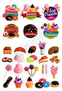 时尚糖果贴纸图标美味甜甜圈,糖果,冰淇淋,天然产品,烘焙糖果其他描述矢量插图时尚糖果贴纸图标图片