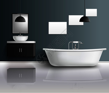 浴室家具内部写实构图与现代浴室固定装置水槽镜子装饰元素与反射矢量插图浴室逼真的内部构图图片
