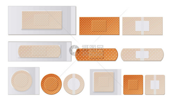 医用膏体耐水穿孔塑料急救胶带圆形矩形方形逼真集孤立矢量插图医用膏器穿孔写实套图片