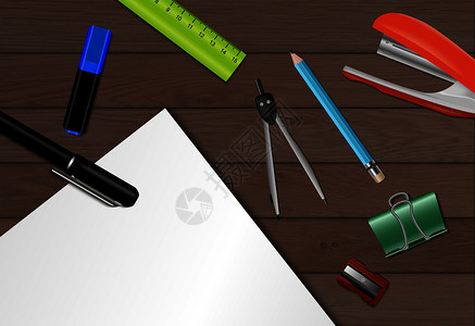 文具纸背景与木制桌子的部分与钢笔铅笔躺它的矢量插图文具纸背景图片