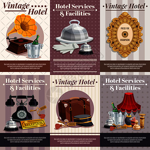 彩色老式酒店海报集,最好的服务设施描述同的属的工作矢量插图老式酒店海报套装图片