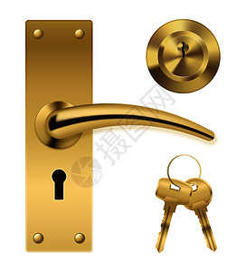 逼真的门把手锁元素与黄金金属外壳串钥匙单独的锁孔矢量插图门把手钥匙套图片