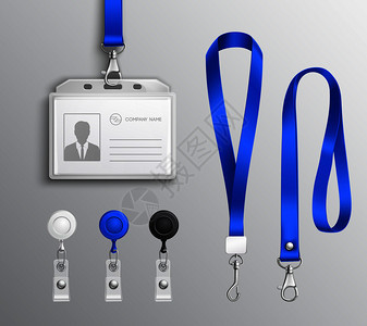 员工身份证身份证章持人与蓝色系绳皮带夹现实模板矢量插图身份证章配件套图片